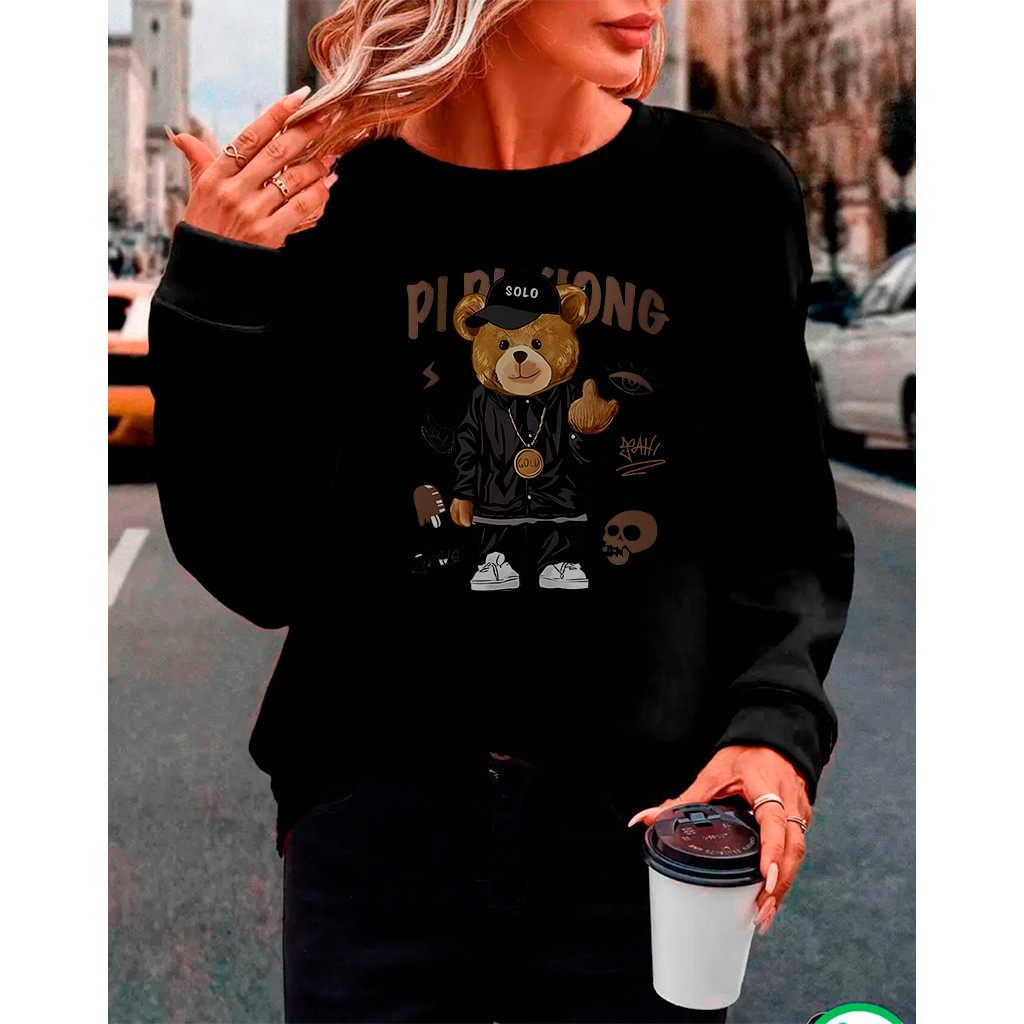 Moletom Feminino Plus Size Gola Careca Preto Bear Gang – Conforto e Estilo