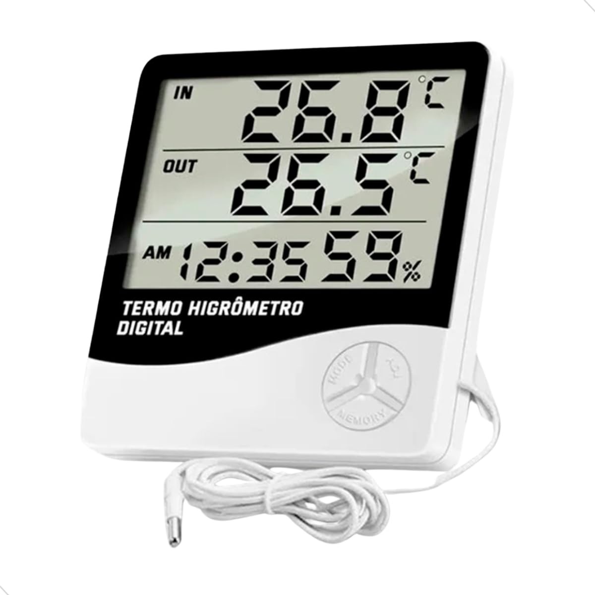 Termo Higrômetro Digital com Sensor - Monitoramento de Temperatura e Umidade Interno e Externo