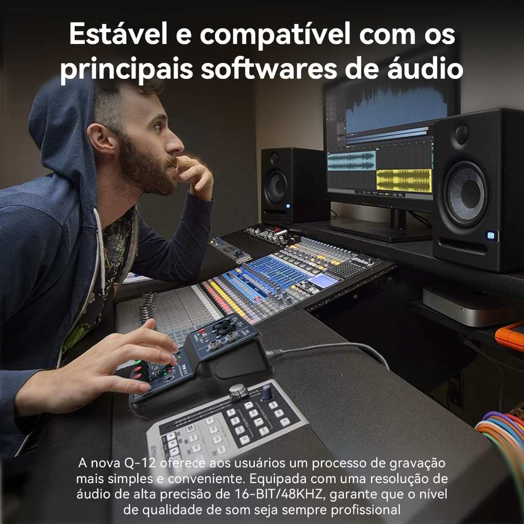 TEYUN Q-12: Placa de Som Profissional para Gravação e Monitorização