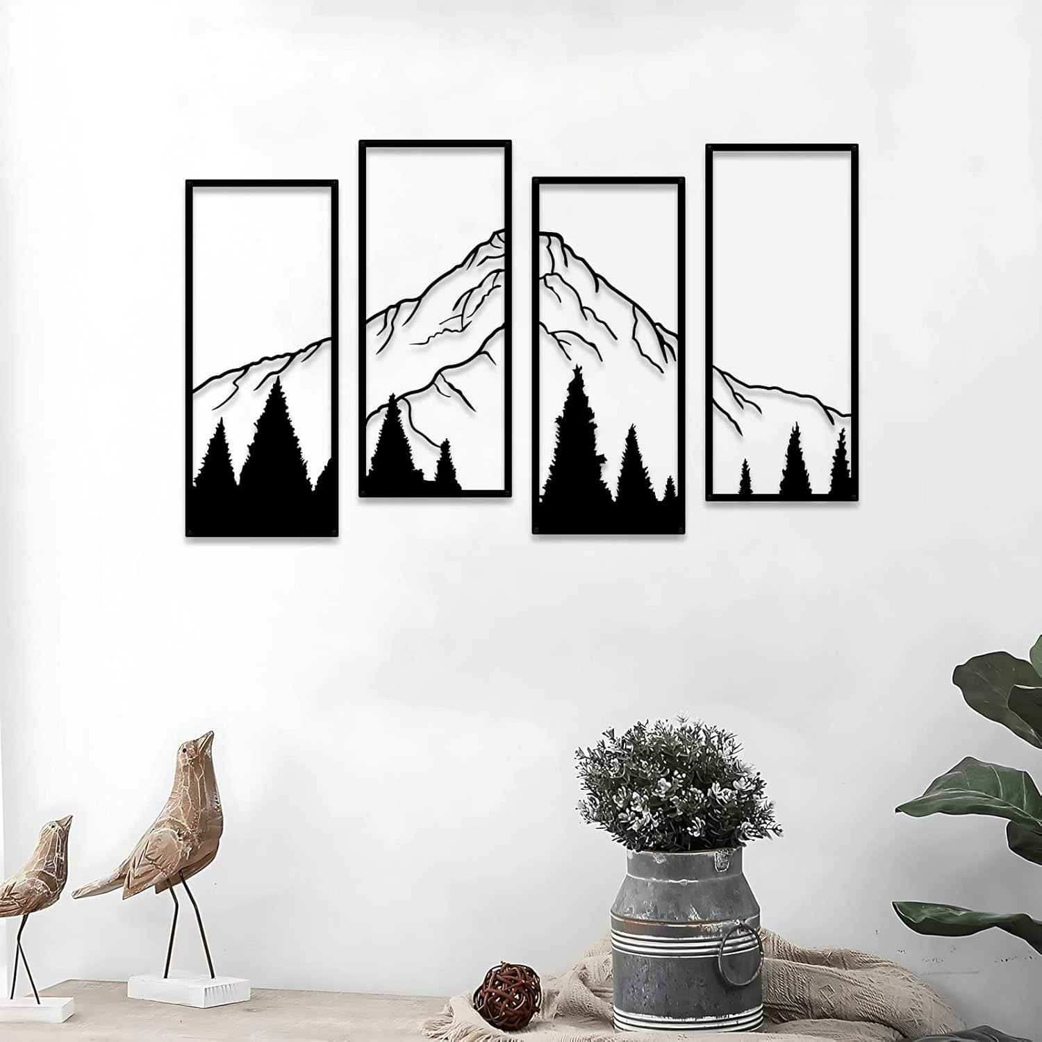 4 Peças de Decoração de Parede de Montanha e Floresta em Metal - Arte Minimalista Rústica para Casa e Escritório