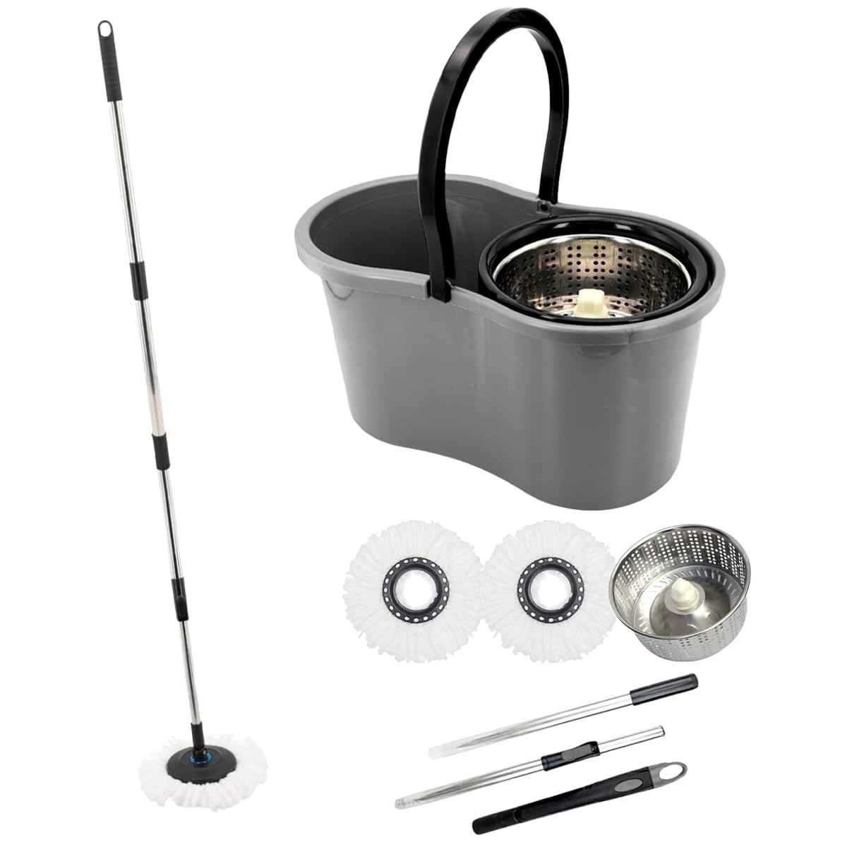 Mop com Balde Giratório Cesto Inox 9L - Esfregão Lava e Seca com 2 Refis Microfibra