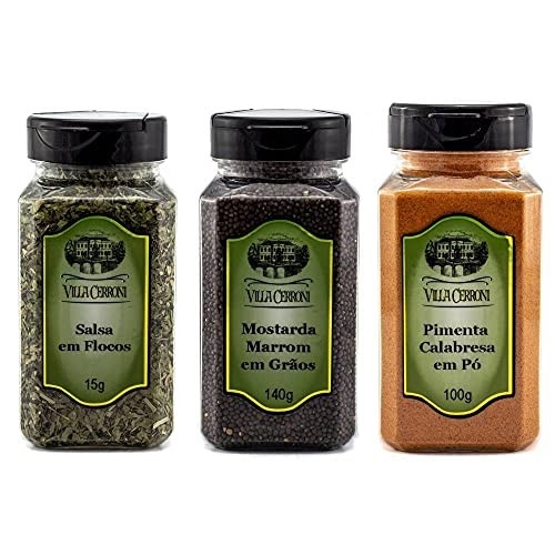 Salsa em Flocos, Mostarda Marrom em Grãos, Pimenta Calabresa em Pó