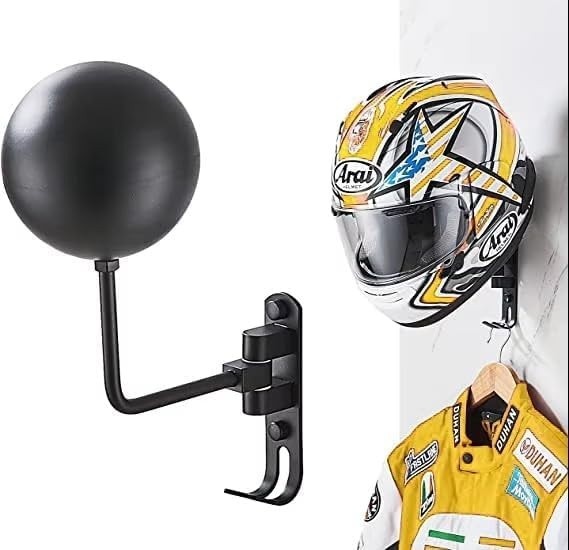 Suporte de Capacete de Moto Giratório 180° com Ganchos para Jaqueta e Chaves - Organize sua Garagem!