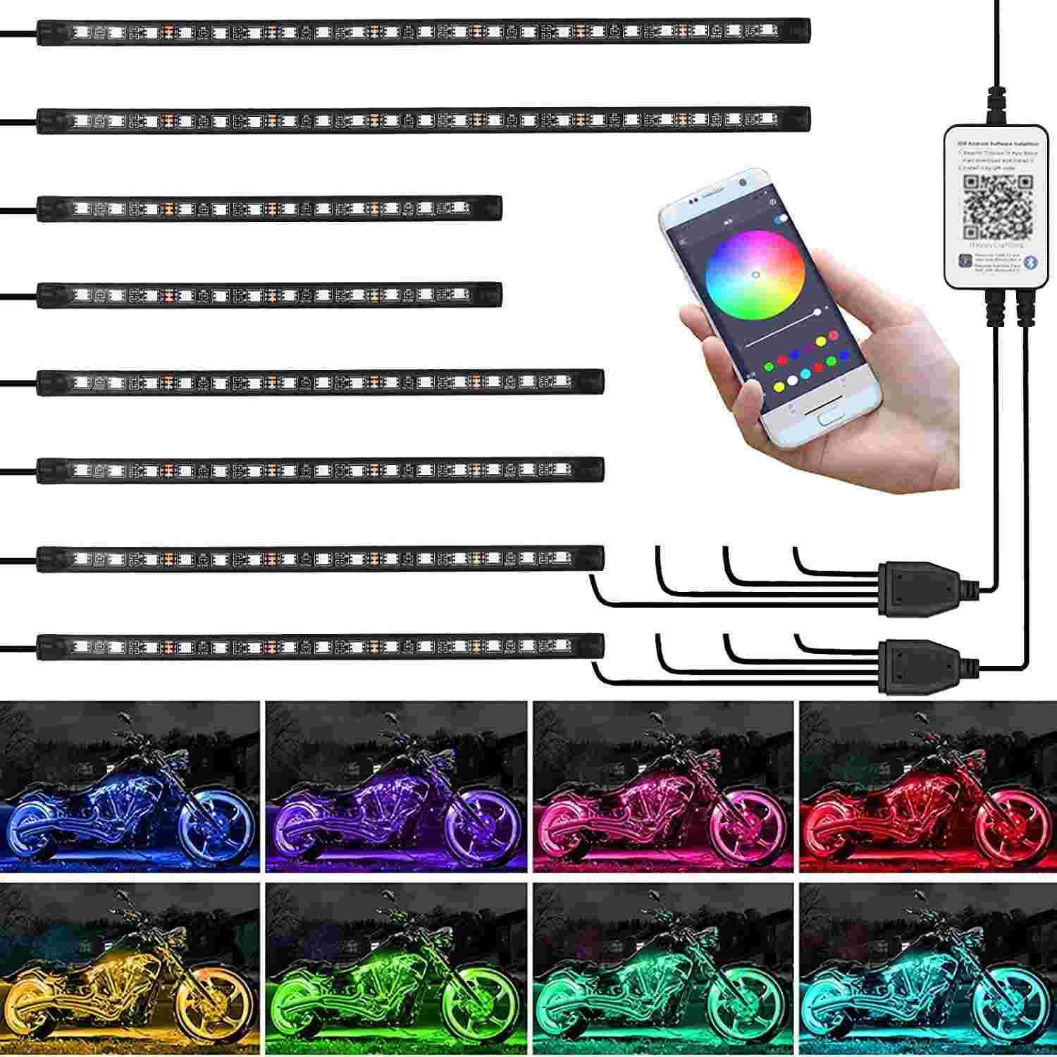 Kit Luz LED Moto 8 Peças Kairiyard: Controle App, RGB Multicolorido e Sincronização Musical