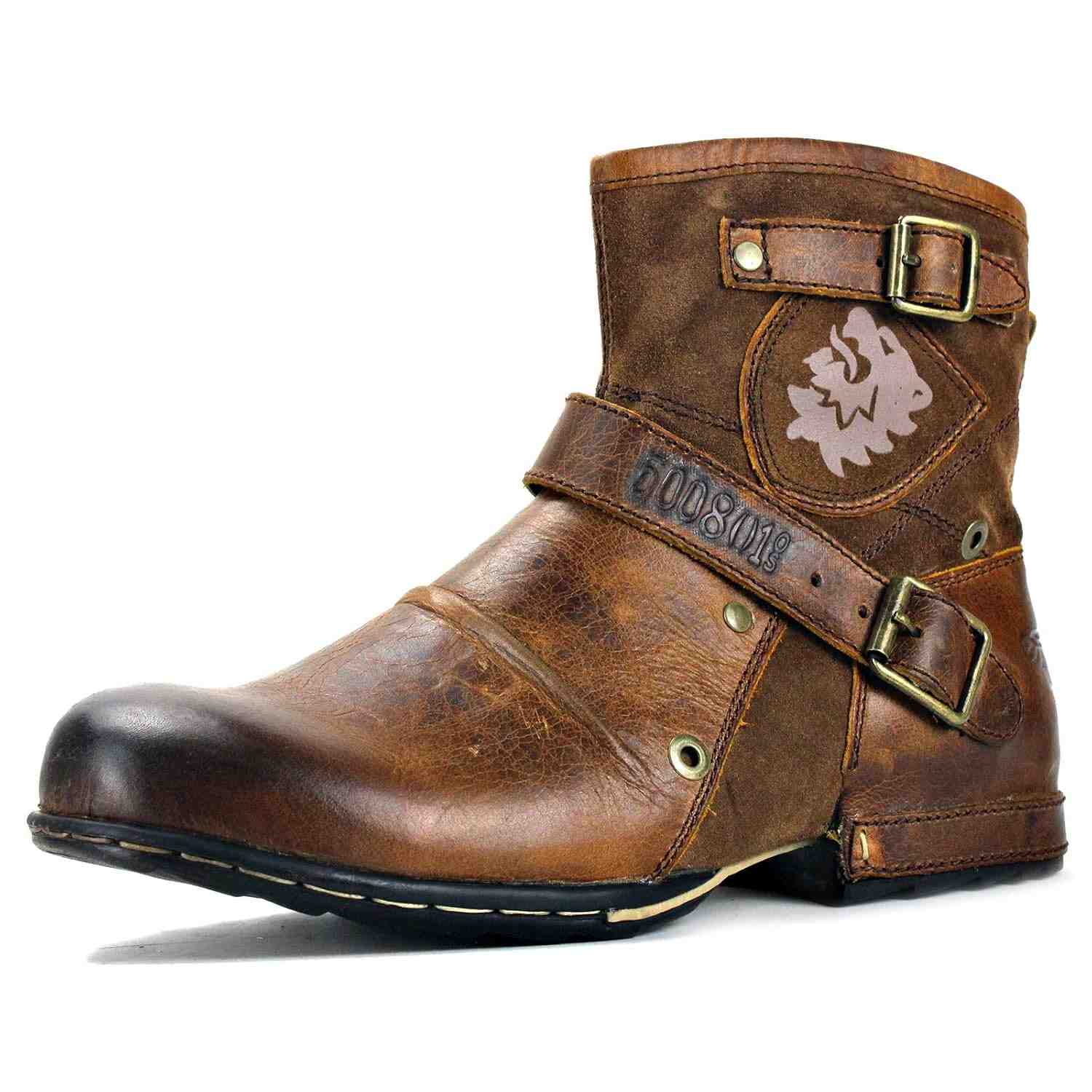 OSSTONE Botas de motocicleta masculinas modernas de couro com zíper Chukka OS-5008-1-Camuflagem Verde, Marrom, 41