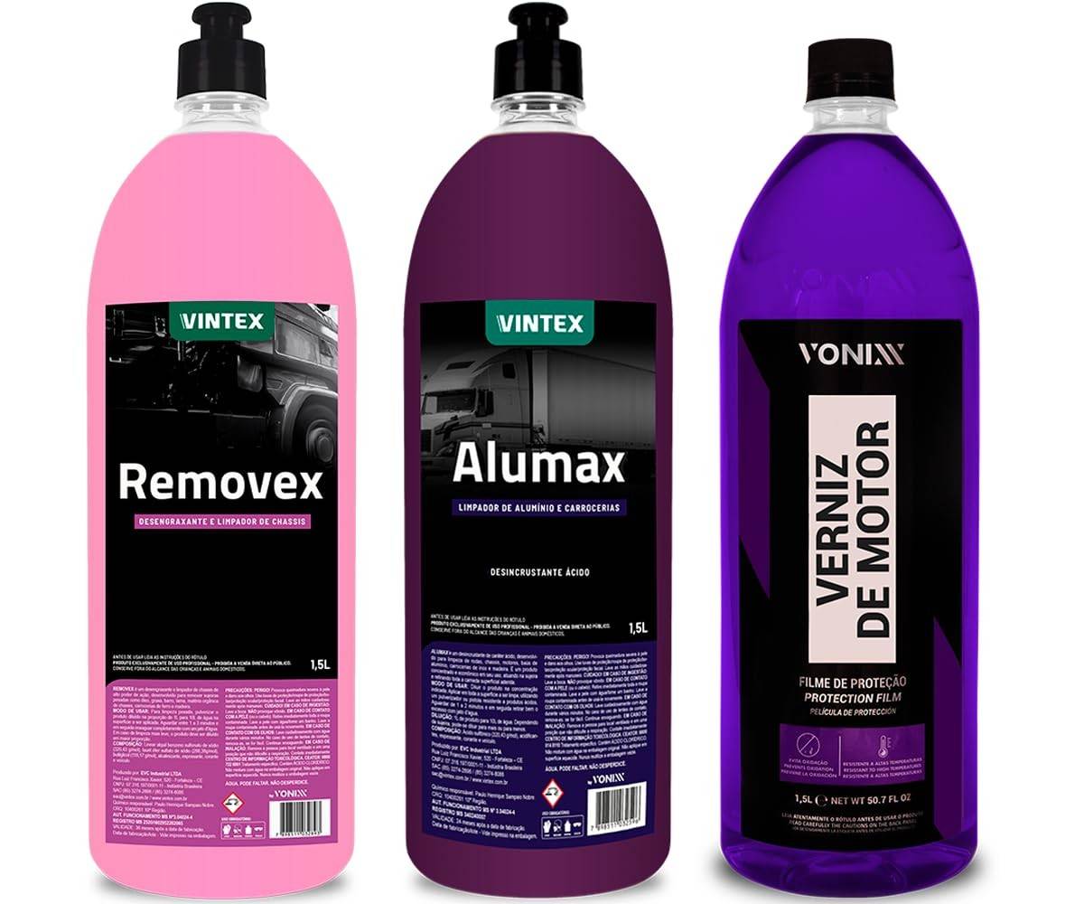 Kit Completo Vonixx: Removex, Alumax e Verniz de Motor para Brilho e Proteção Impecáveis