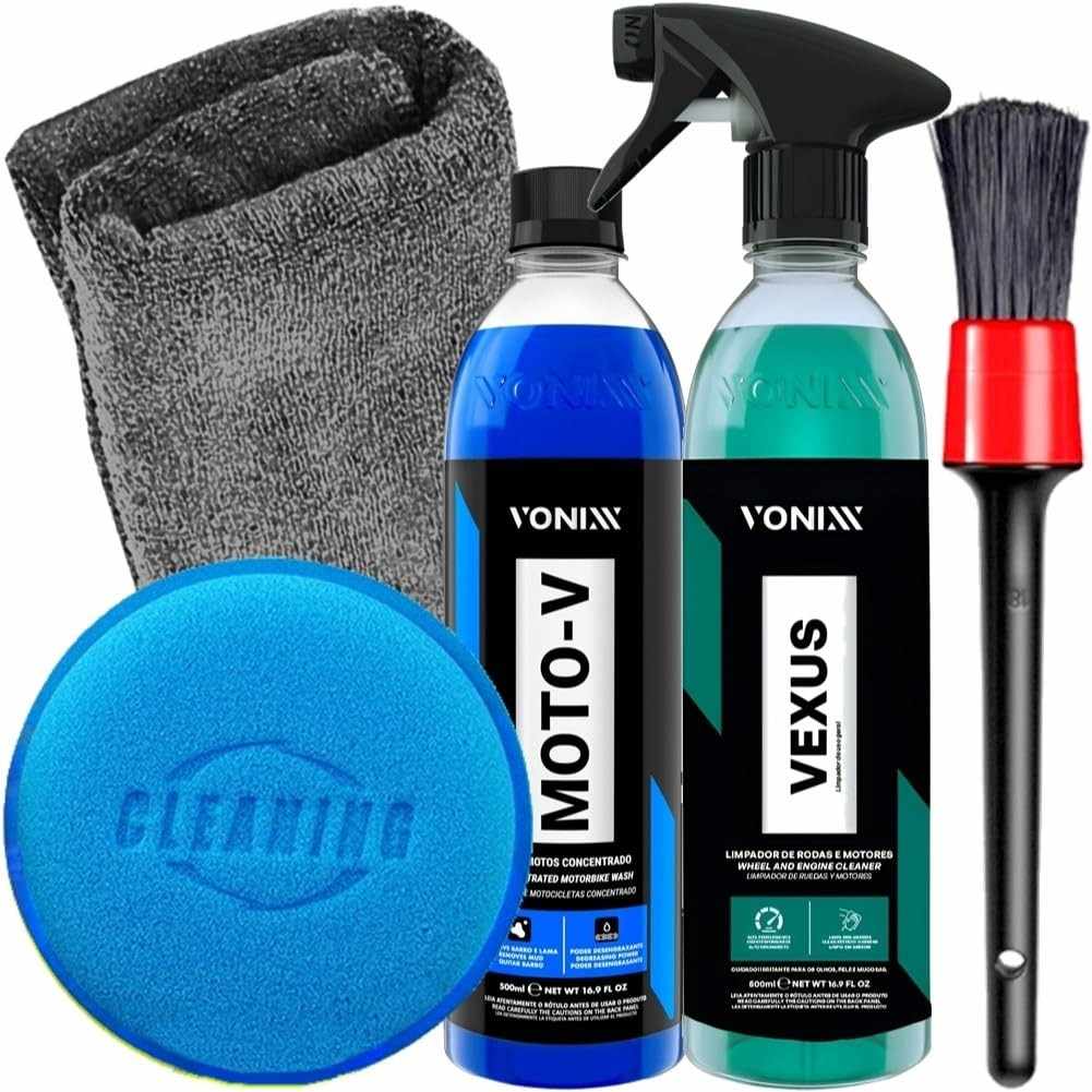 Kit Completo Lava Motos Vonixx: Moto-V 500ml, Vexus 500ml, Pincel, Toalha e Aplicador