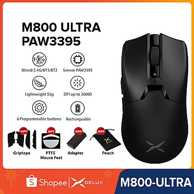 Mouse Gamer Delux M800 Ultra PAW3395: 26000 DPI, 55g e Conexão Tripla