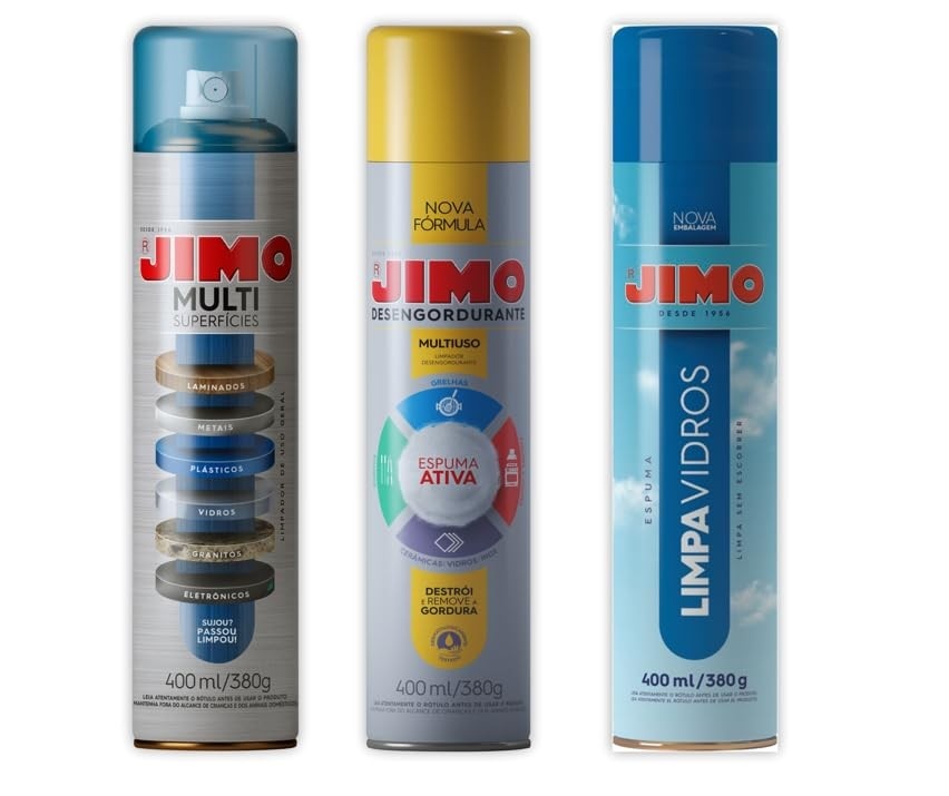 Kit Jimo 3 em 1: Multi Superfícies, Desengordurante e Limpa Vidros 400ml Cada