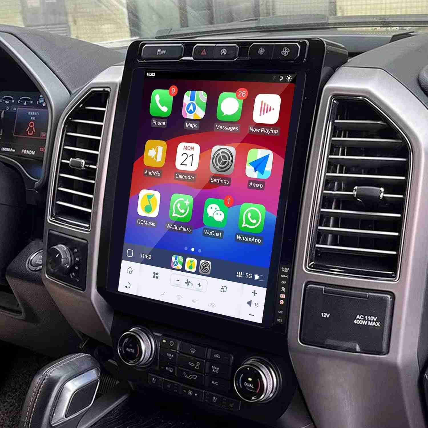Central Multimídia Android 13 12.1" Tesla Style para Ford F150/F250/F350 (2015-2022) com Snapdragon, Carplay & Android Auto