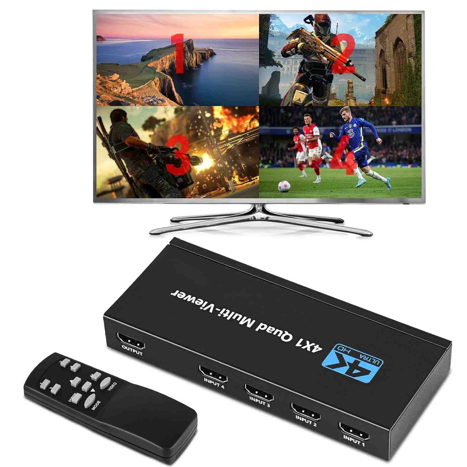 Tendak Switch Multiviewer HDMI 4x1: Tela Dividida e 5 Modos de Exibição para Múltiplos Dispositivos