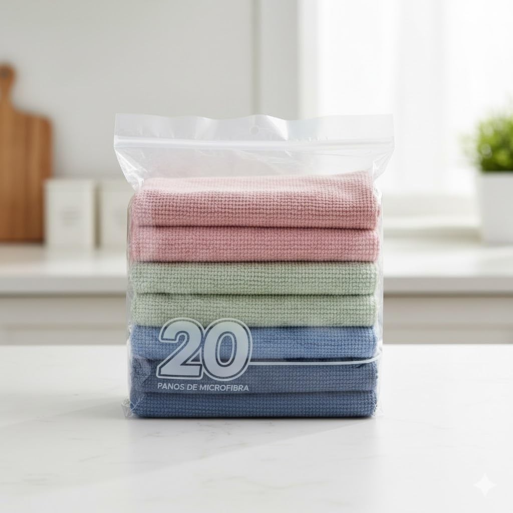 Kit com 20 Panos de Microfibra Multiuso - Alta Absorção, Lavável e Reutilizável - Ideal para Vidros, Cozinha, Carro e Pisos