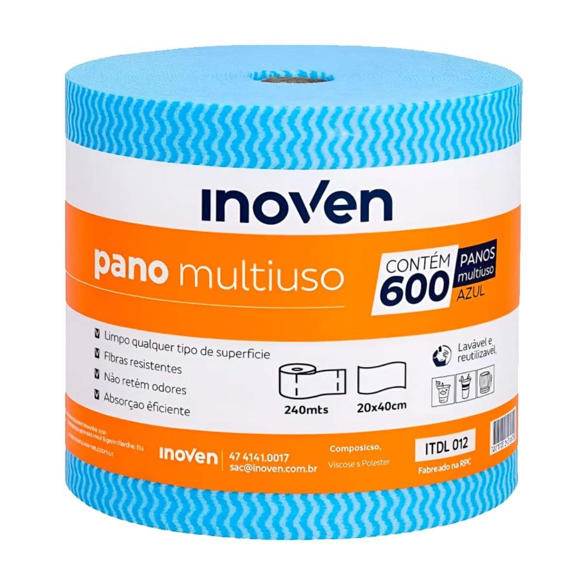 Pano Multiuso Em Rolo 600U 20cmX240m Inoven - Viscose e Poliéster para Limpeza Total
