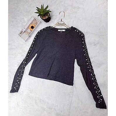 Blusa Manga Longa Feminina com Detalhe de Pérolas - MY108