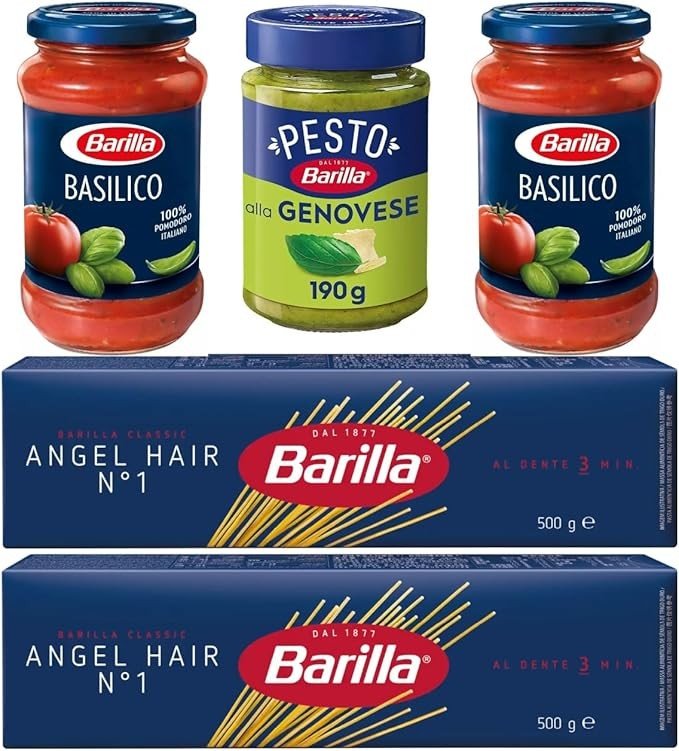 Kit BARILLA: 2 molhos BASILICO 400g, 1 molho PESTO 190g e 2 Macarrão N.1 ANGEL HAIR 500g