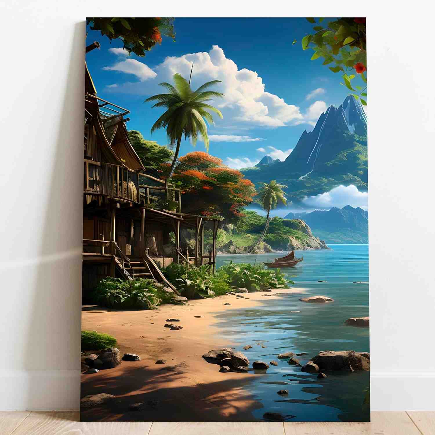 Tela com Borda Infinita - Paisagem de Casa na Praia para Decoração Moderna 100x60cm