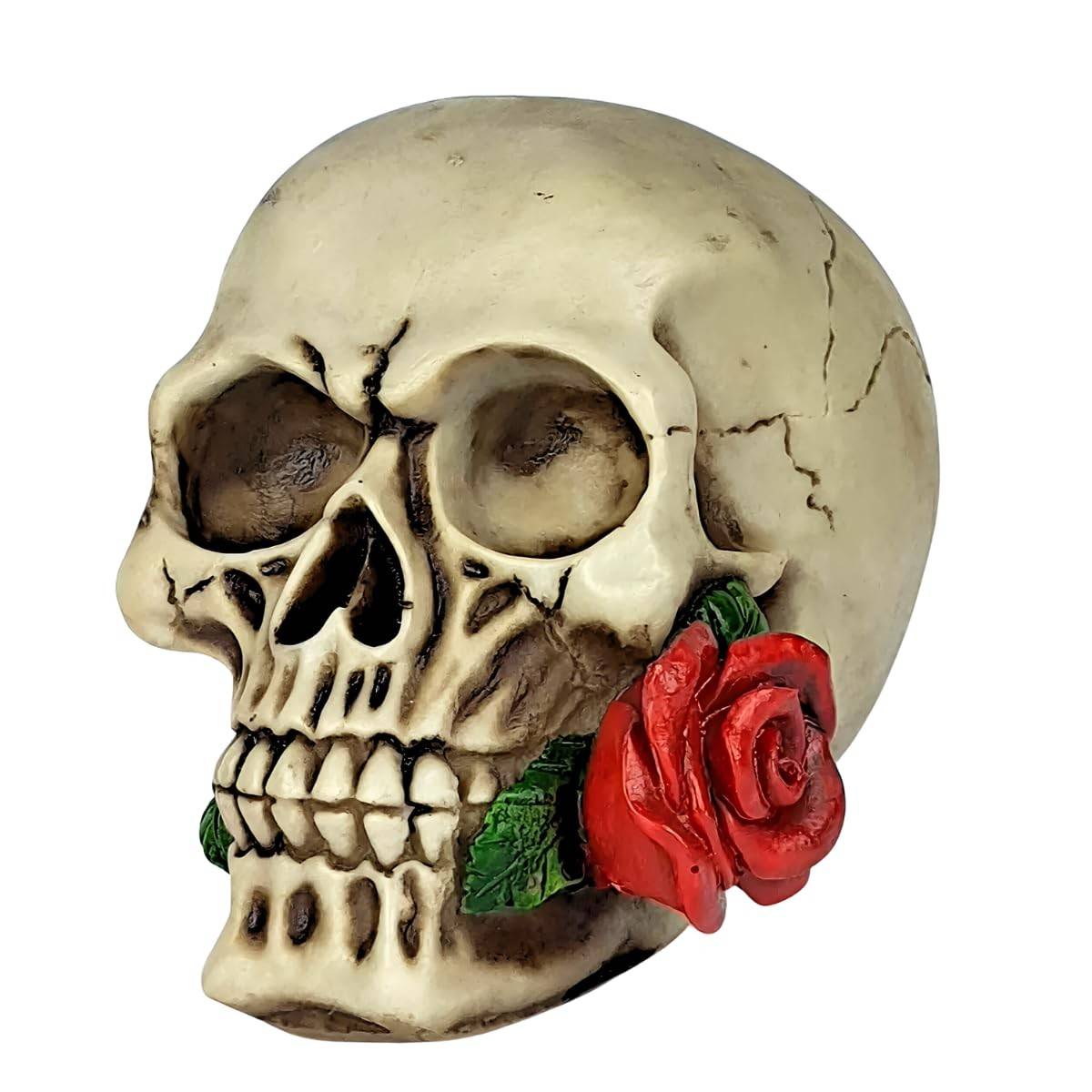 Crânio Caveira com Rosa na Boca - Decoração Artística em Resina