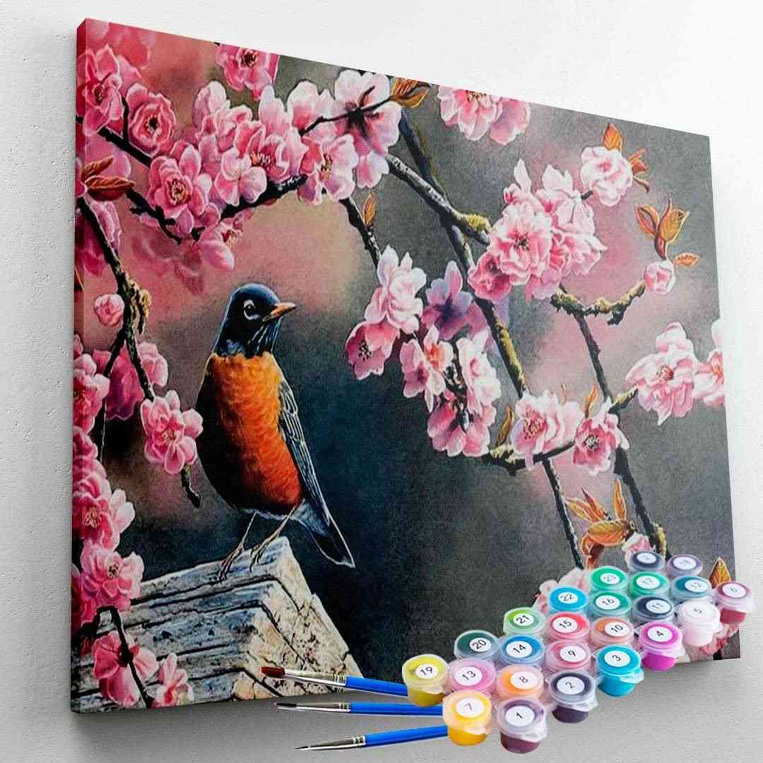 Kit de Pintura Terapêutica Pássaro nas Cerejeiras - 40x50cm - Relaxamento e Criatividade