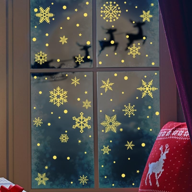 Adesivos de Janela de Flocos de Neve de Natal Dourados com Brilho no Escuro - Decoração Elegante para Férias