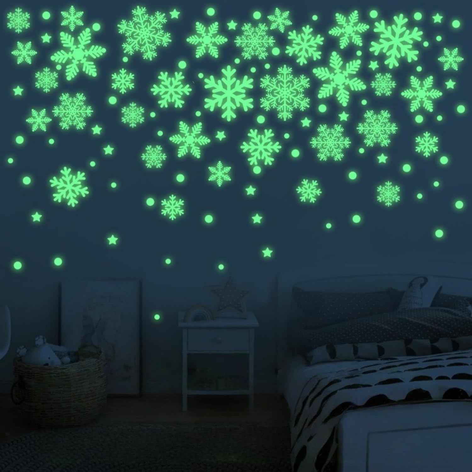 Adesivos Luminosos de Natal para Janela - Floco de Neve com 62 Peças Decorativas Reutilizáveis