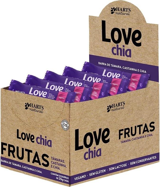 Hart's Natural Barra Love Chia 25g, 100% Natural, Tâmaras da Tunísia, Sementes de Chia e Castanha do Pará, Vegana, Sem Glúten, Sem Lactose, Snack Saudável (24 unidades)