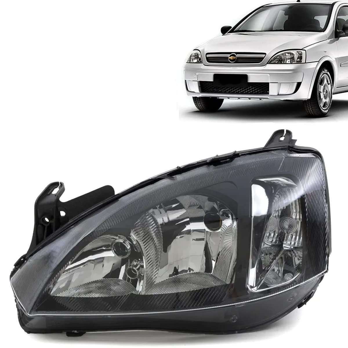 Farol Corsa Sedan e Montana 2008-2012 Máscara Negra USA H7/H1 - Visual Esportivo e Iluminação Superior