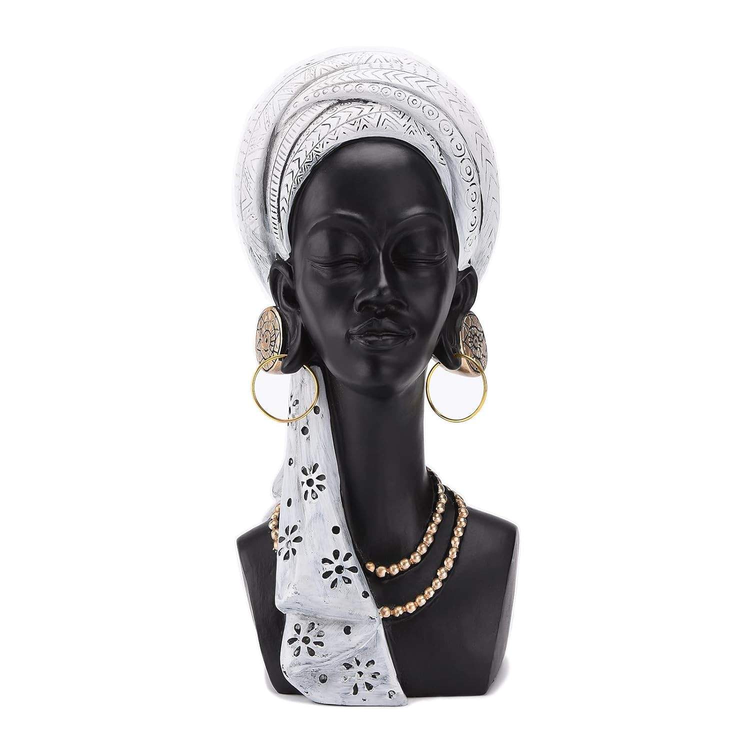 Estátua de Mulher Negra com Turbante Branco - 29cm - Arte Moderna em Resina para Decoração de Ambientes