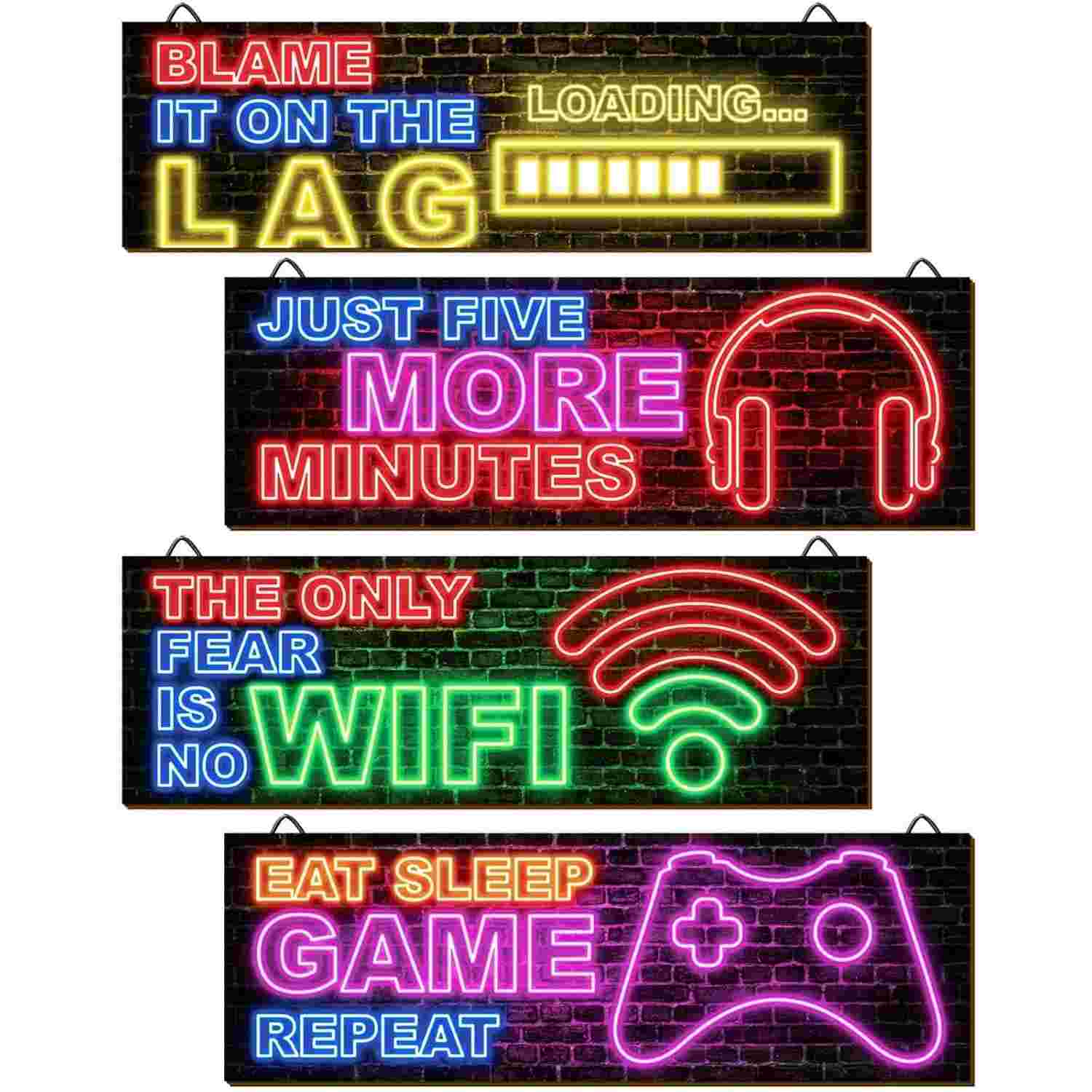 4 Peças Neon Decoração de Jogos para Quarto de Meninos - Placas de Madeira com Frases Motivacionais para Gamer