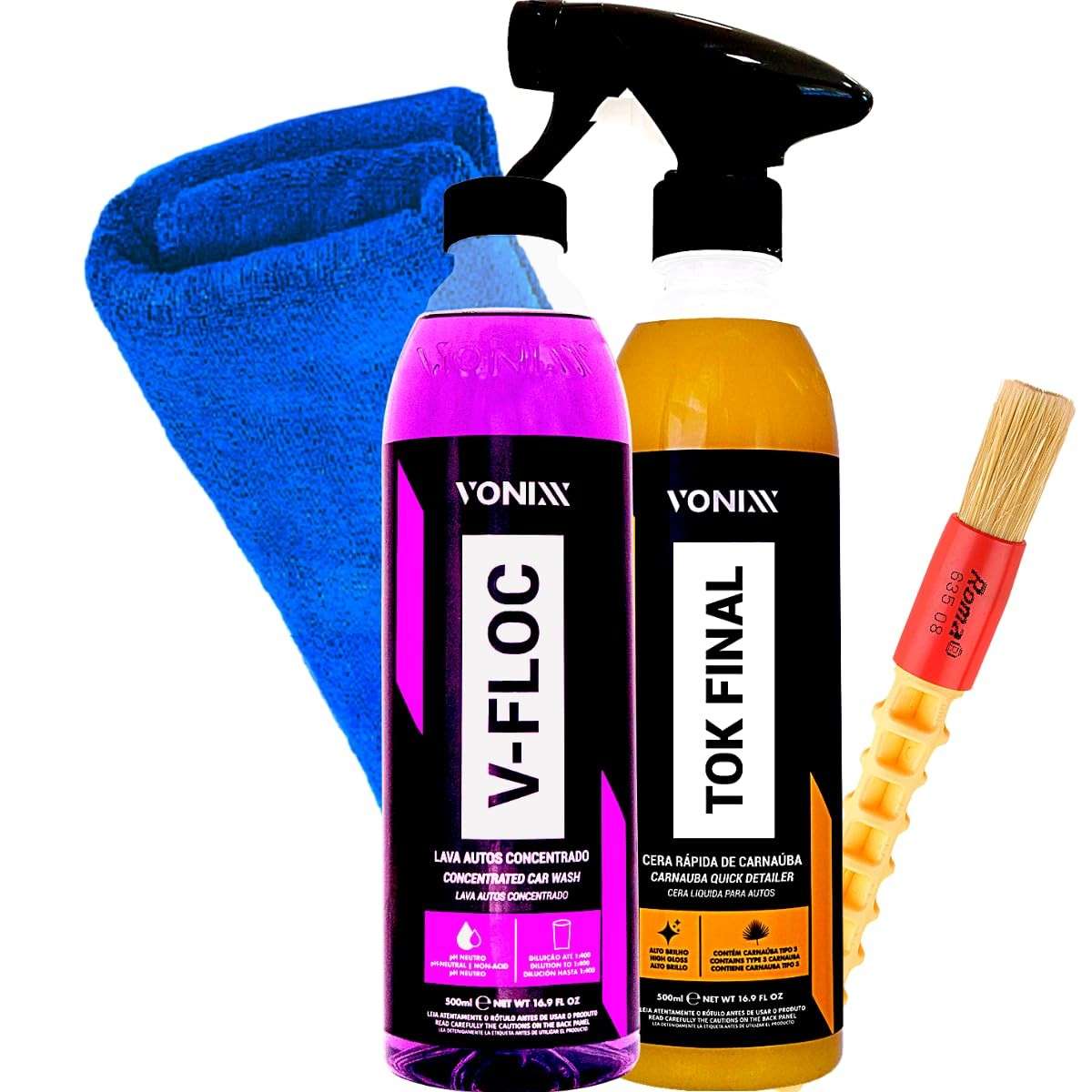 Kit Essencial Lavagem Automotiva: Shampoo Neutro V-Floc 500ml + Cera Tok Final 500ml Vonixx