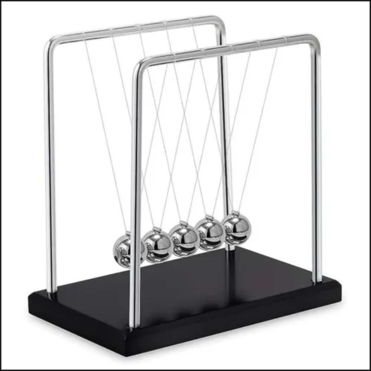 Pêndulo de Newton Decorativo com 5 Esferas Metálicas - Base Preta 14 cm | Enfeite para Escritório, Sala e Quarto