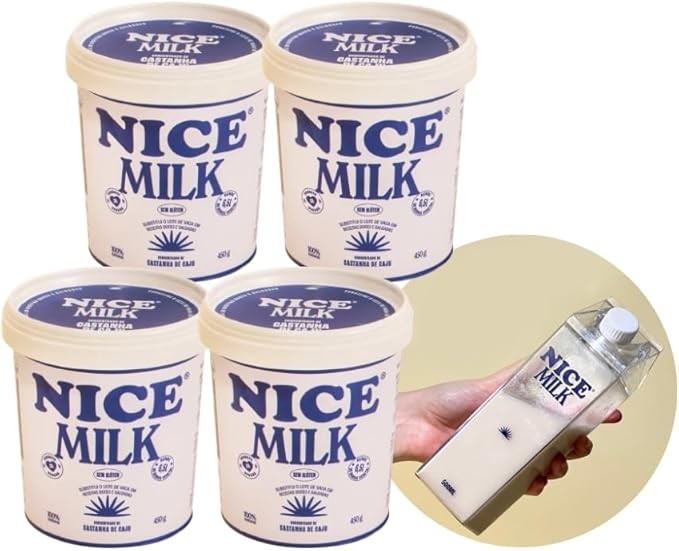 kit 4 Leite Vegetal Concentrado de Castanha de Caju Nice Milk 450g + Garafa Acrílico 500ml