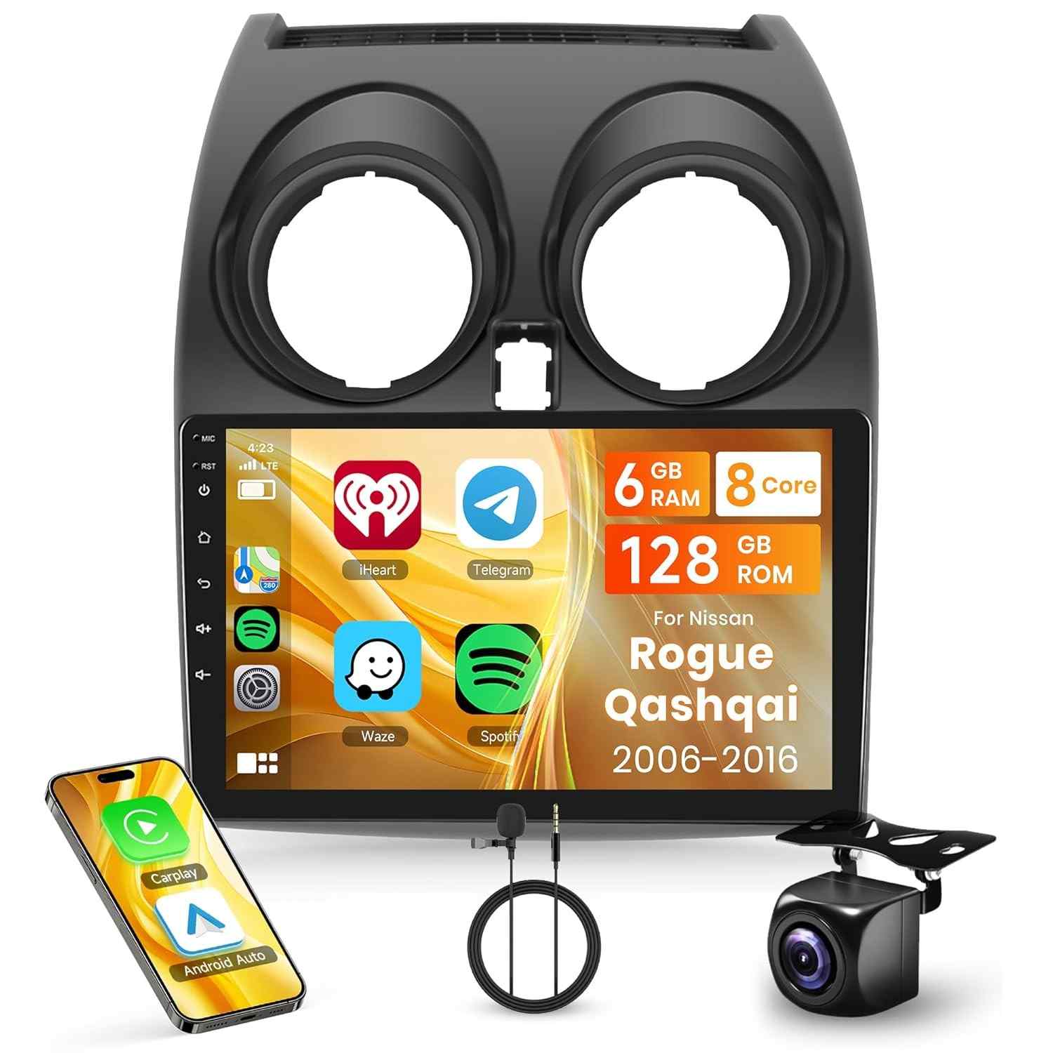 Central Multimídia Android 8 Núcleos 6+128GB para Nissan Rogue/Qashqai (2006-2016) com CarPlay Sem Fio e Android Auto