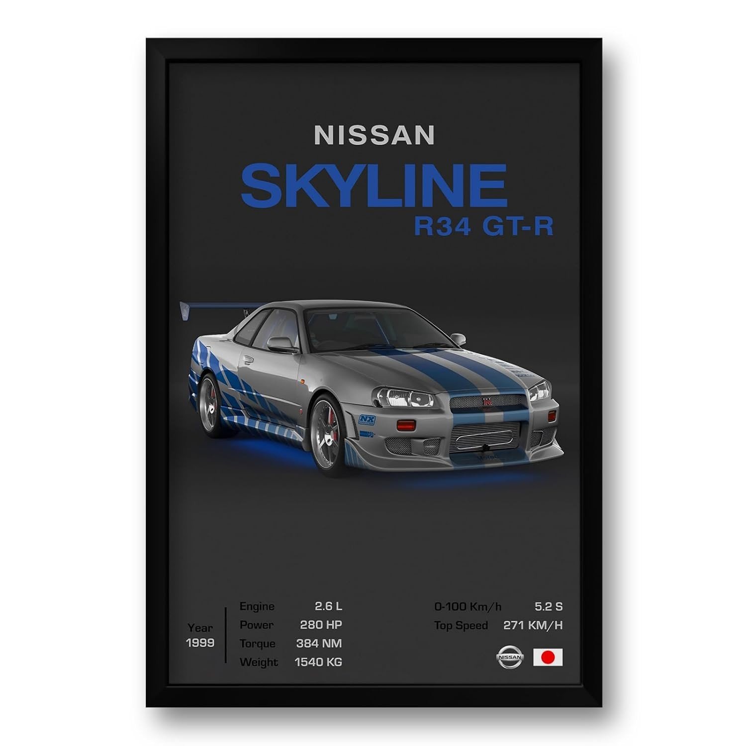 Quadro Nissan Skyline R34 GT-R 40x60cm - Impressão Premium com Moldura Ecológica