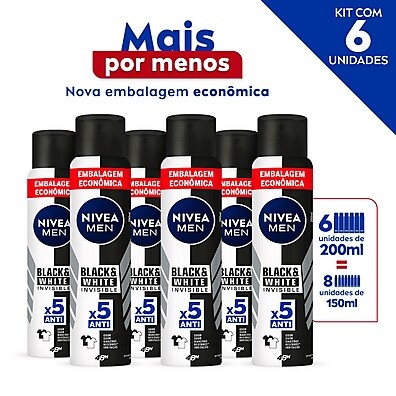 NIVEA MEN Invisible Black & White – Kit com 6 Aerosóis 200ml