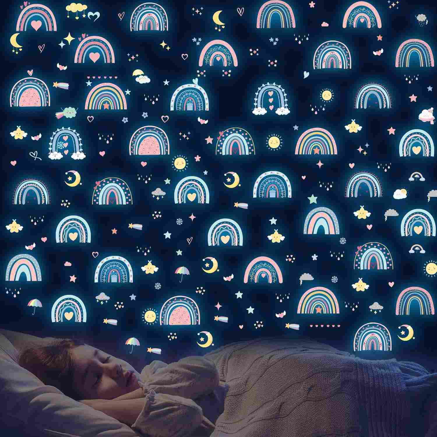 Adesivos de Parede Arco-Íris Boho que Brilham no Escuro - Decalques Coloridos Removíveis para Quarto Infantil