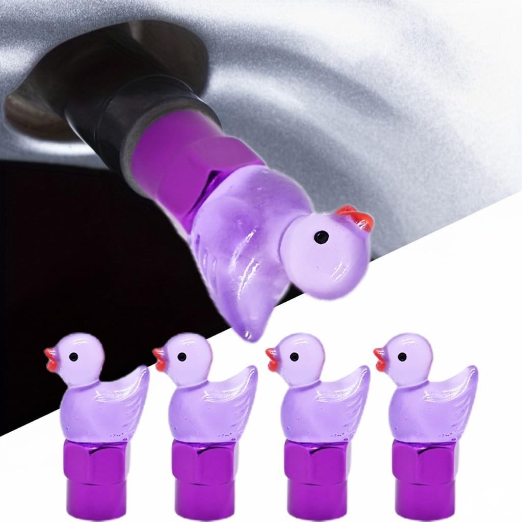 Pacote 4 Tampas Haste Válvula Pato Roxo Brilha no Escuro Schrader - Acessório Divertido para Carros e Bikes