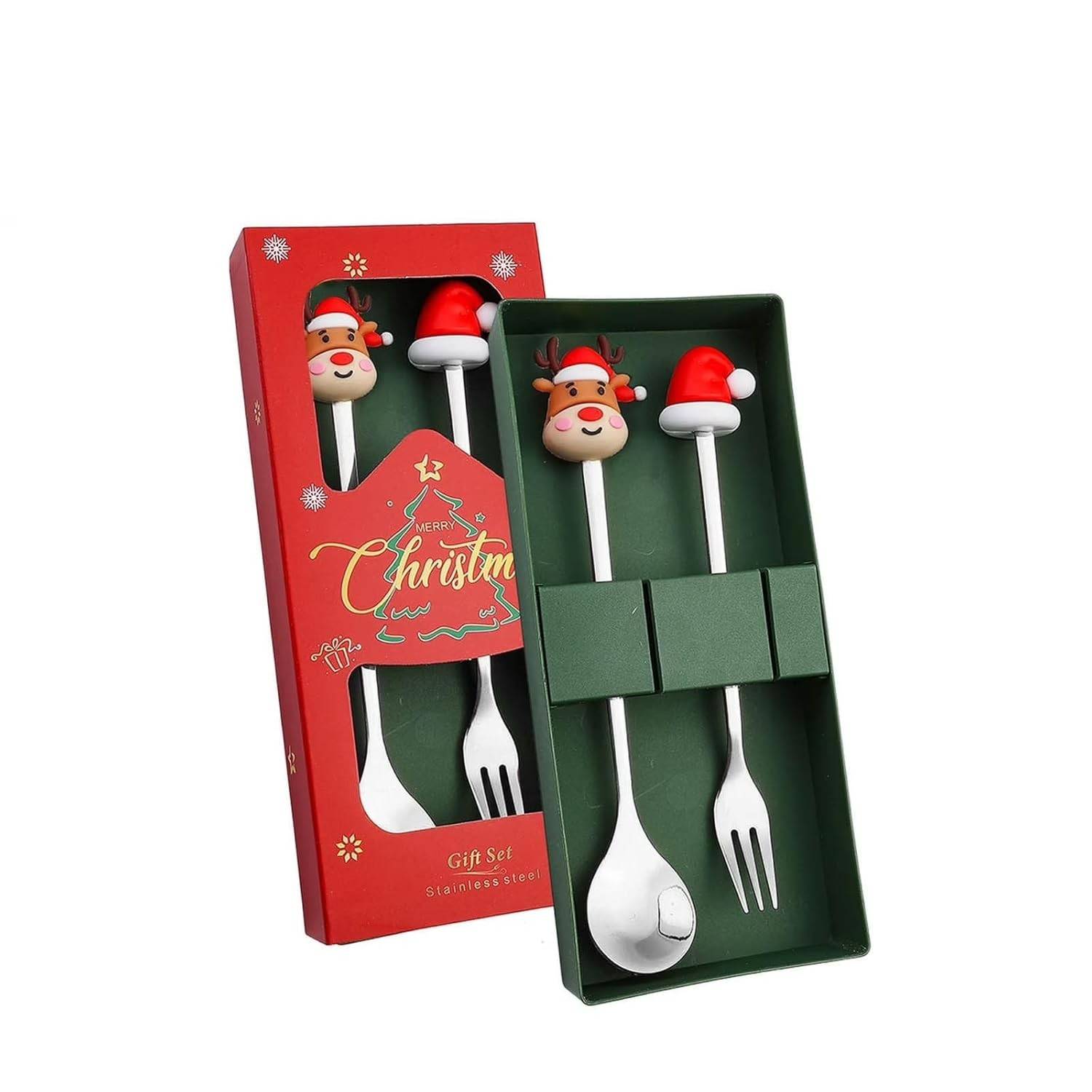 Kit Talher Natalino Inox com Enfeites Rena e Papai Noel - 2 Peças