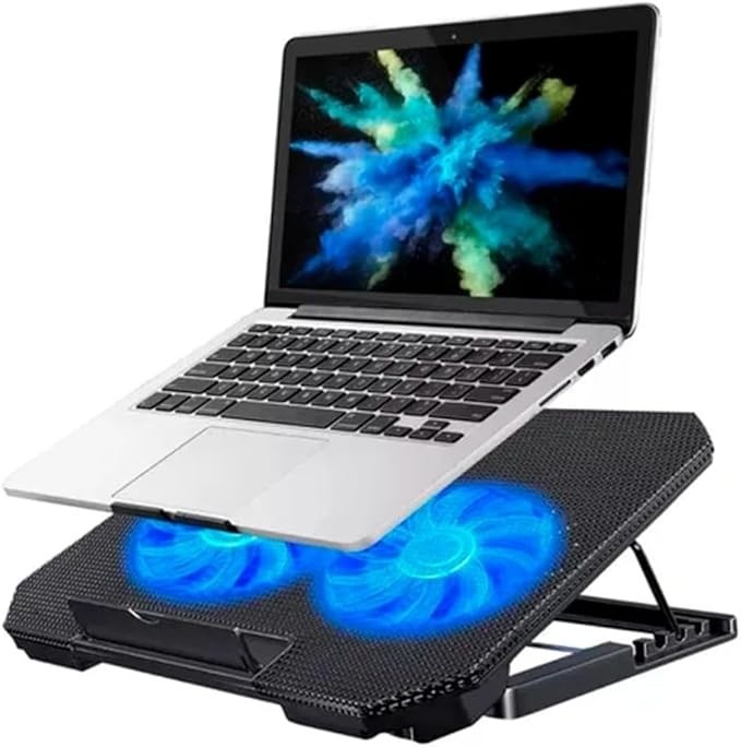 Base Suporte para Notebook até 17" com Cooler Duplo Ultra Silencioso, LED Azul, 8 Níveis de Altura, USB Extra – Refrigeração Potente e Conforto Ergonômico