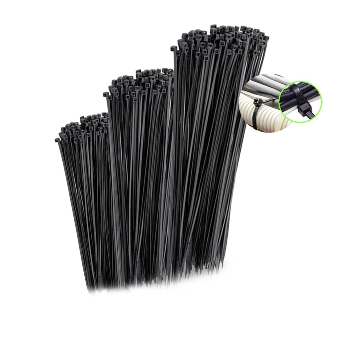 Kit 300 Unidades Cinta Abraçadeira Nylon 15cm, 20cm, 30cm x 3,6mm - Preta Reforçada e Proteção UV