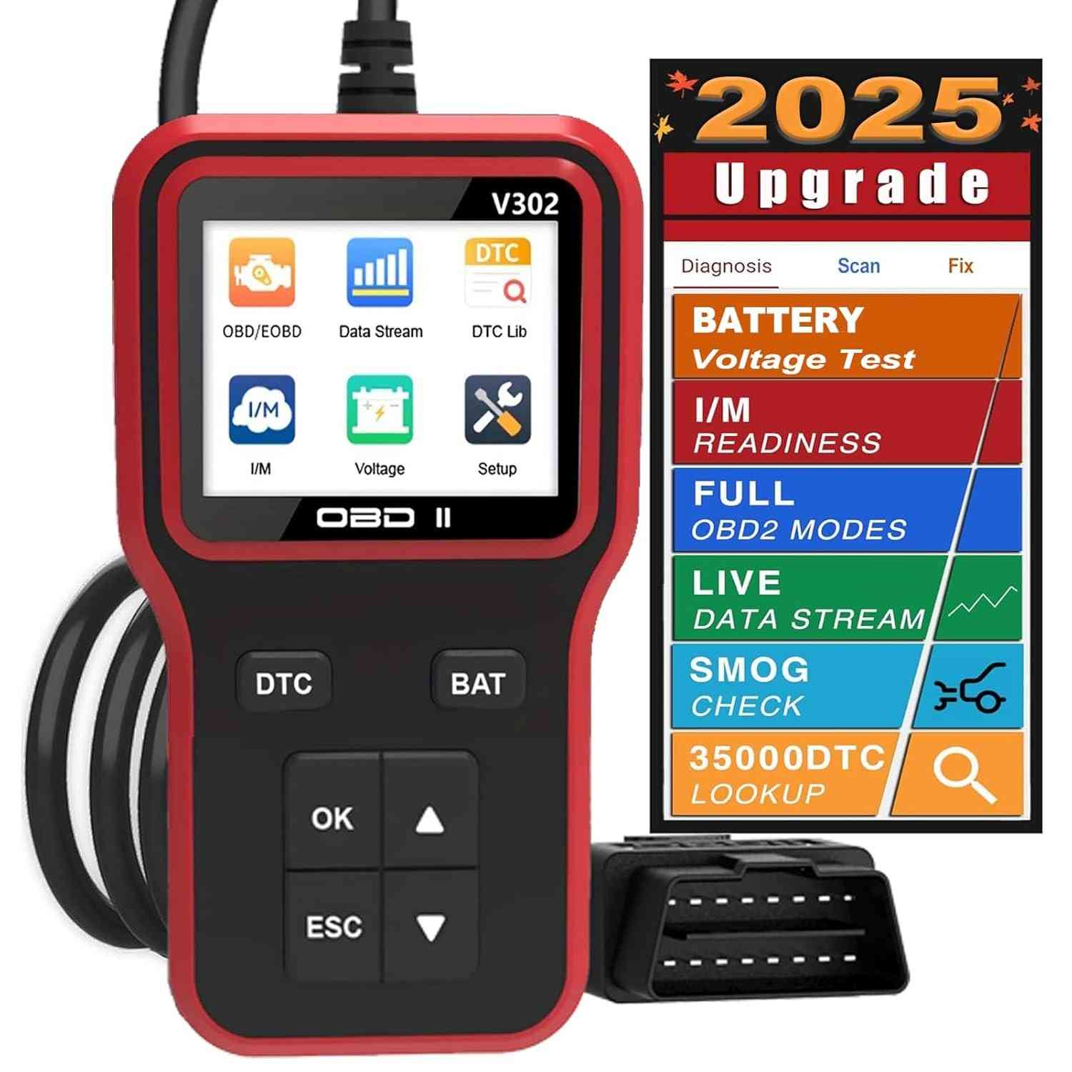 Scanner Automotivo OBD2 V302: Diagnóstico Completo e Teste de Bateria com Tela 2.8"
