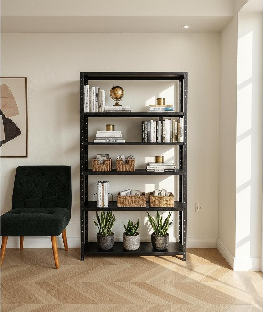 Estante de Aço Preta com 6 Bandejas | 190x90x27cm | Organize Livros e Objetos com Estilo