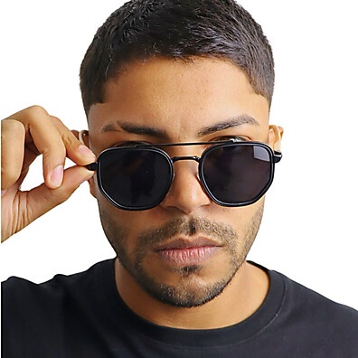 Óculos de Sol Chicago Hexagonal Preto com Haste de Madeira Steampunk Vintage UV400
