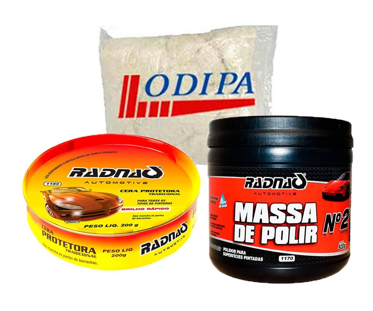Kit Polimento Automotivo RADNAQ: Massa N°2 500g + Cera Protetora 200g + Estopa Odipa
