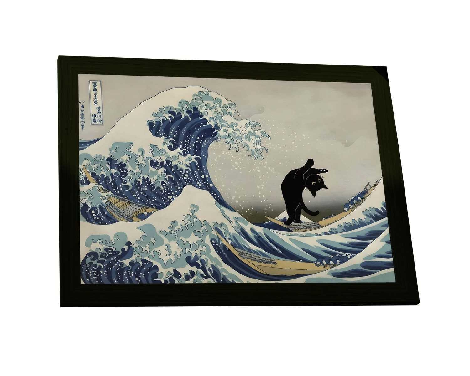 Quadro Decorativo A4 Gatinho na Grande Onda de Kanagawa - Arte Japonesa com Charme Oriental