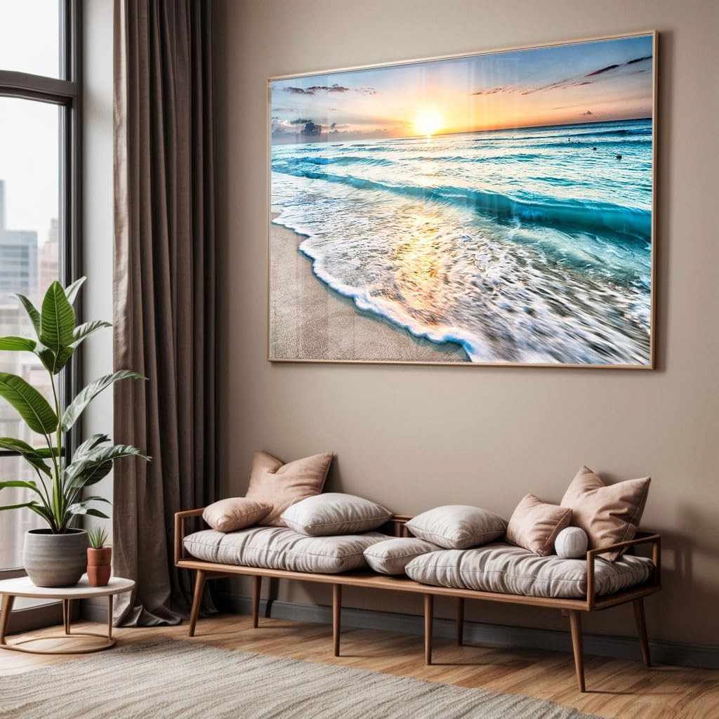 Quadro Decorativo com Moldura e Acrílico - Paisagem de Ondas e Pôr do Sol para Sala e Quarto
