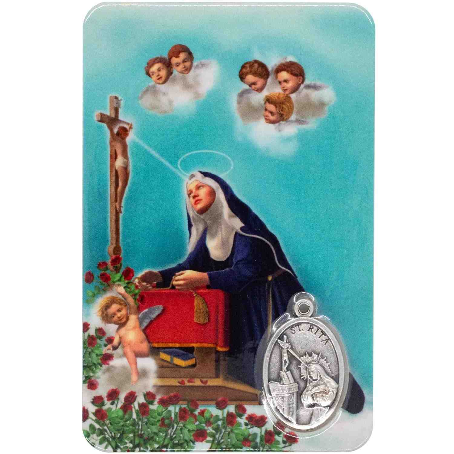Oração de Santa Rita com Medalha Prateada Embutida - Padroeira das Causas Impossíveis - Presente Religioso para Comunhão e Confirmação