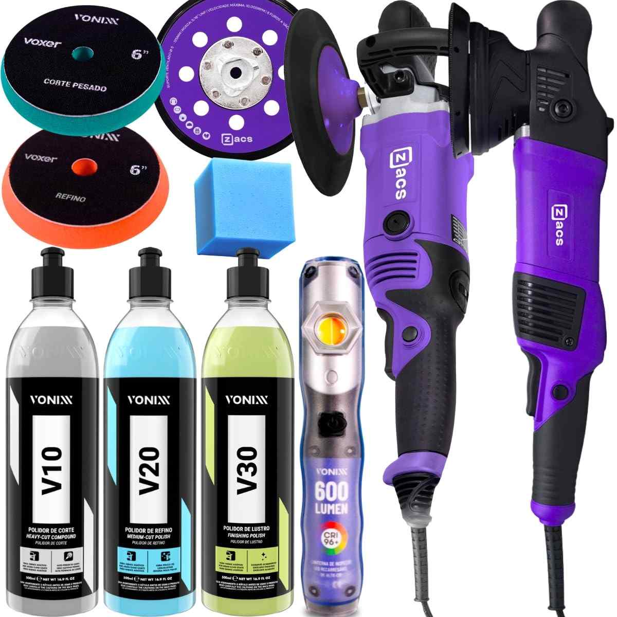 Kit Polimento Profissional Yamase - Politriz Rotativa e Roto-Orbital Zacs + Vonixx V10 V20 V30