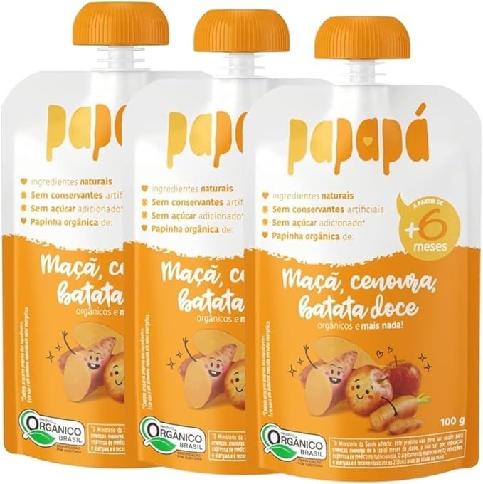 Kit com 3 Pouchs de Papinha Orgânica de Maçã, Cenoura e Batata Doce de 100g cada - Papapá