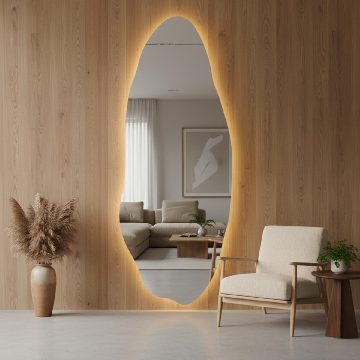 Espelho com LED Touch Três Cores Orgânico 90x40cm – Iluminação Inteligente para Banheiro, Quarto e Closet