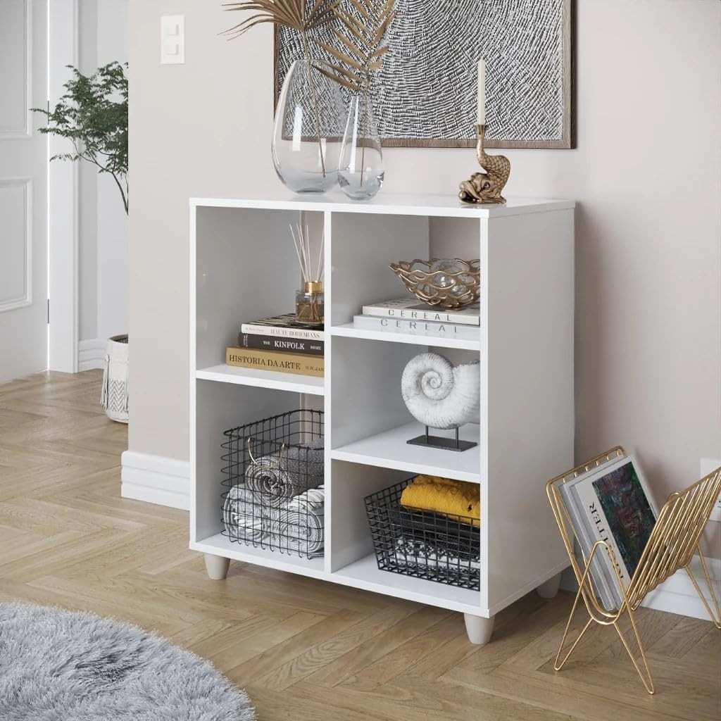 Estante Livreiro Luxo com Nichos Branco – Organização Moderna e Elegante
